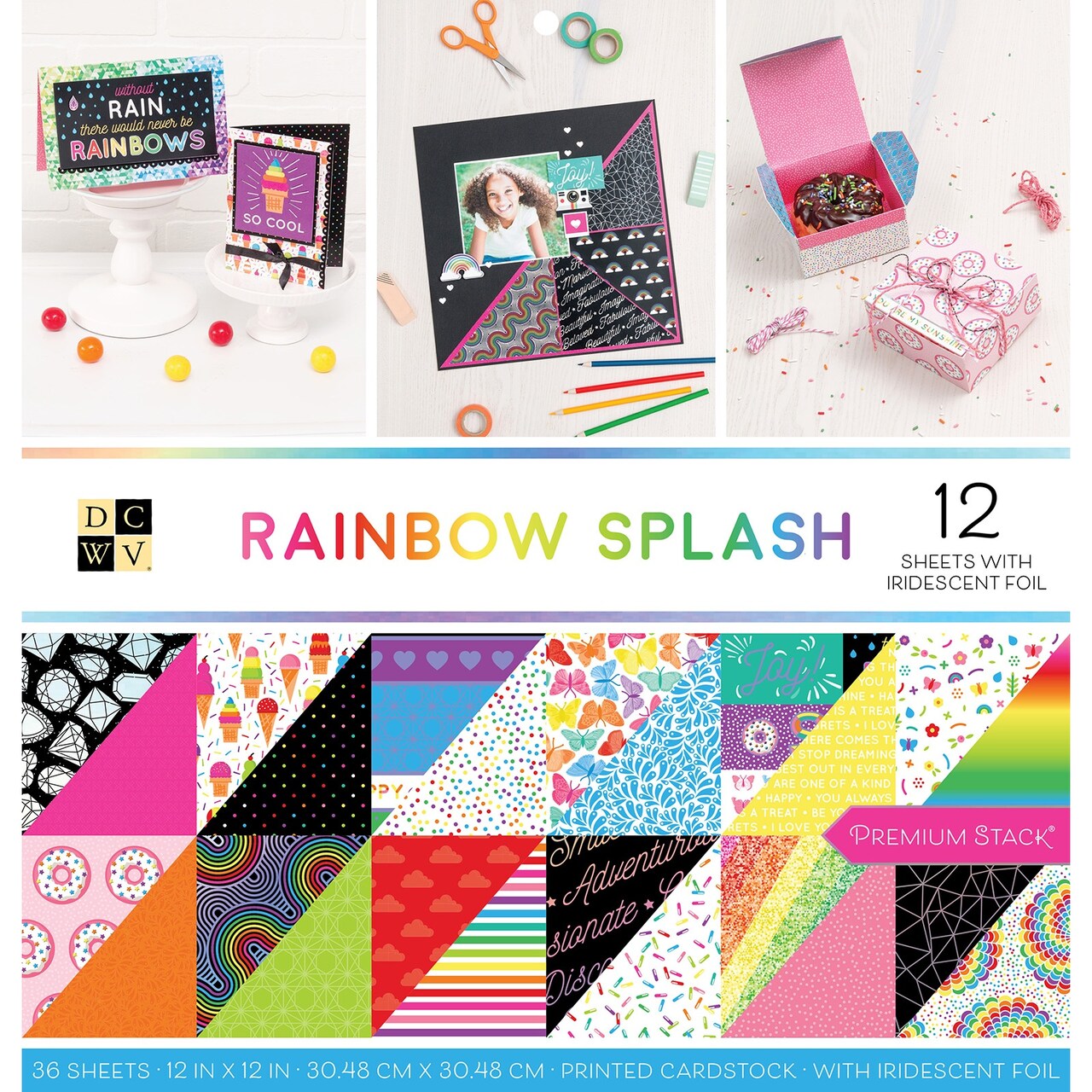 DCWV Double-Sided Cardstock Stack 12"X12" 36/Pkg-Rainbow Splash, 18 Des/2 Each, 12 W/Foil